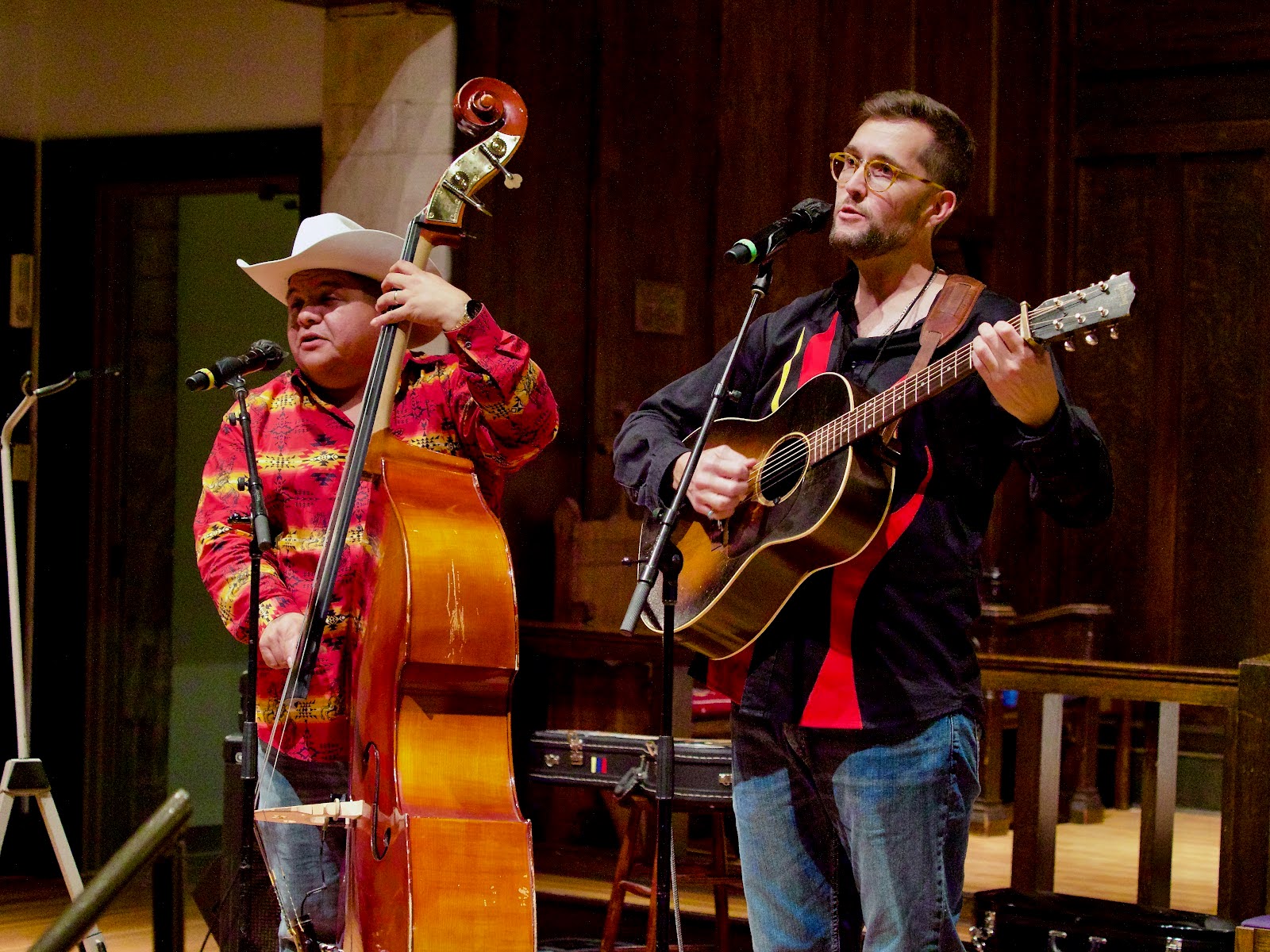 Larry and Joe playing guitar and upright bass